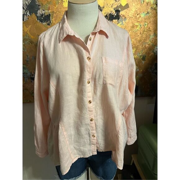 Anthropologie Holding Horses Linen McKenzie Pink Peplum Button Down Shirt oversi - Picture 6 of 12